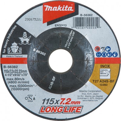 csiszolótárcsa inox 115x7,2mm a24s long life (makita b-56362)